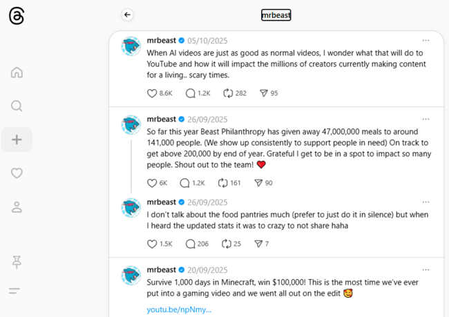 Examples of MrBeast's posts on Threads