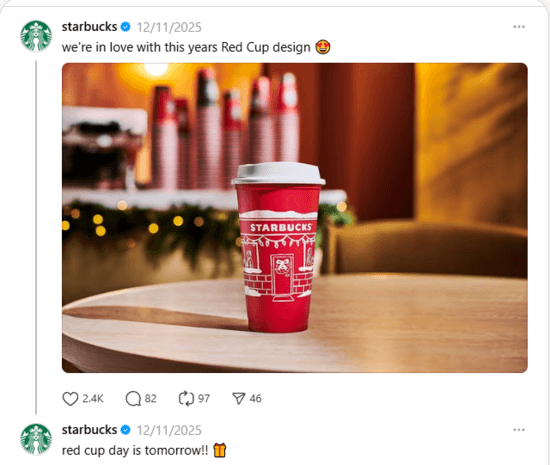 Screenshot of Starbucks' festive post on Threads