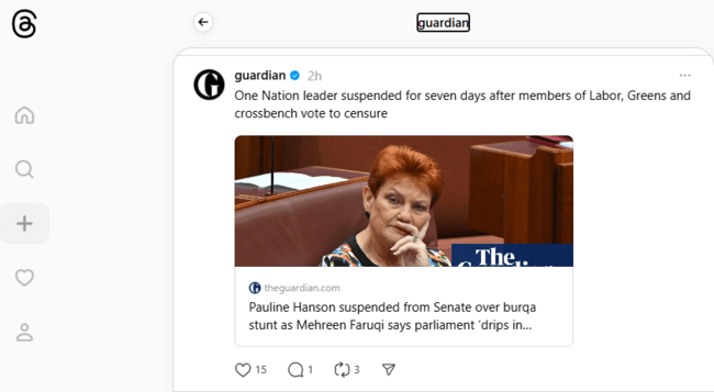 Example of a post by The Guardian on Threads