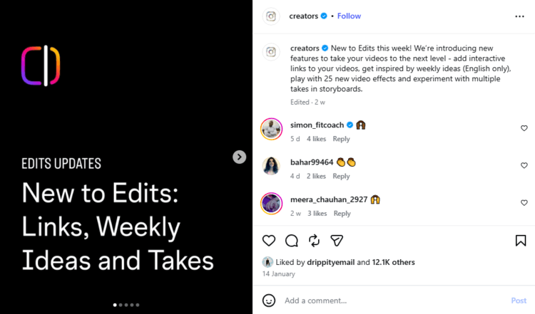 Screenshot of official creators account post about new features on Edits in January 2026 