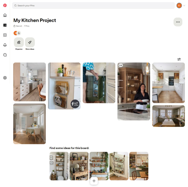 Screenshot of the author's Pinterest board about "Kitchen renovation ideas"