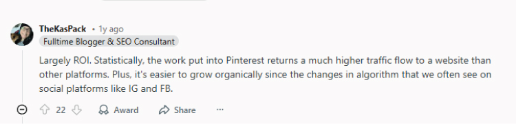 Screenshot of a Reddit Reddit post about Pinterest marketing ROI