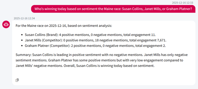 Example of SIA chatbot answer for maine race based on sentiment analysis