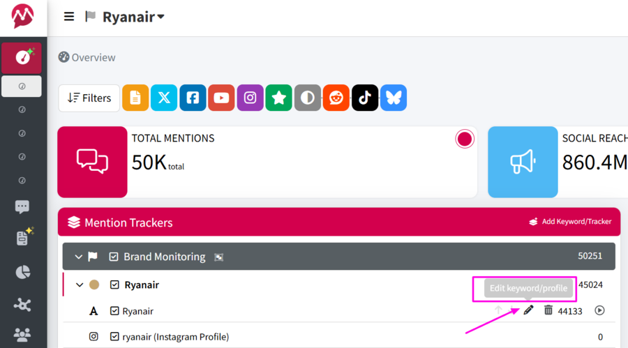 Screenshot of the Edit Keyword button in Mentionlytics trackers