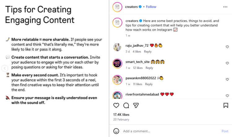 Screenshot of Instagram's official tips about better performance on the platform