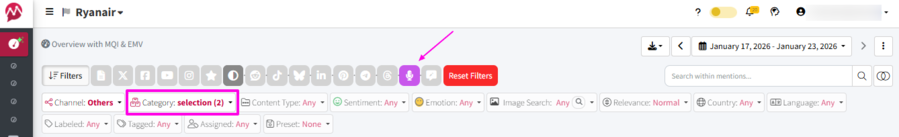 Screenshot of the podcast filter in Mentionlytics 