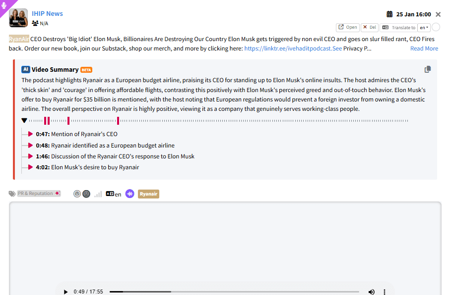 Podcast monitoring example in Mentionlytics