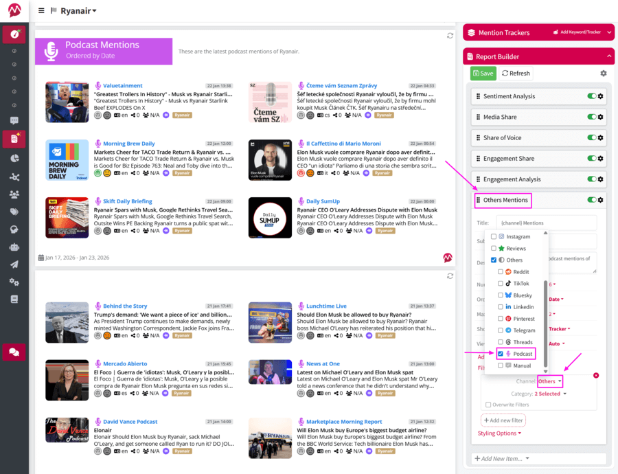 Example of a podcast monitoring report in Mentionlytics 