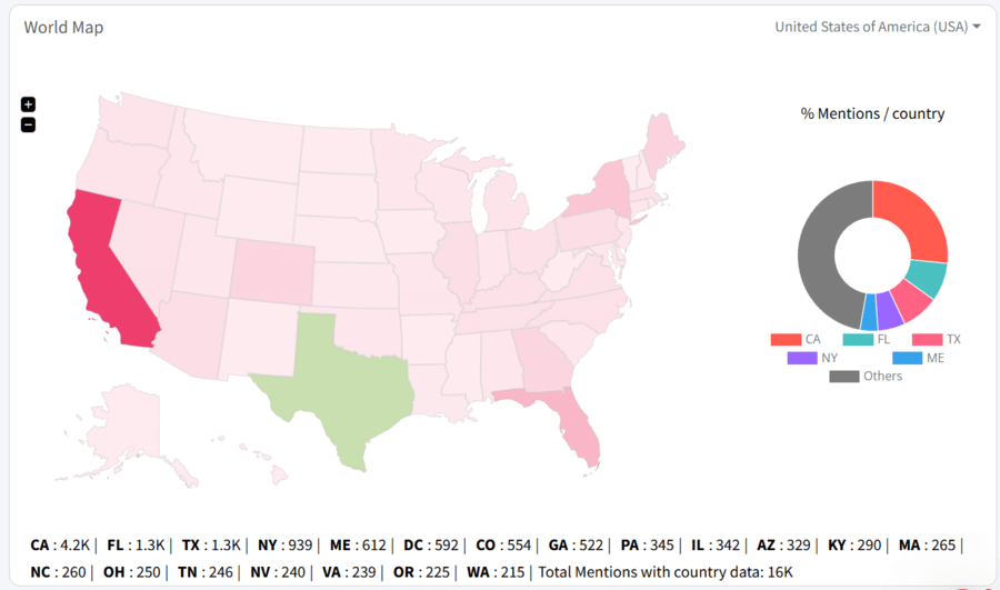 Example of a Mentions map for the US in Mentionlytics 