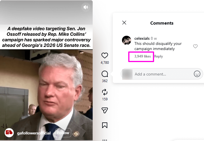 Screenshot of a voter condemning Mike Collins' campaign due to the Ossoff deepfake video fiasco