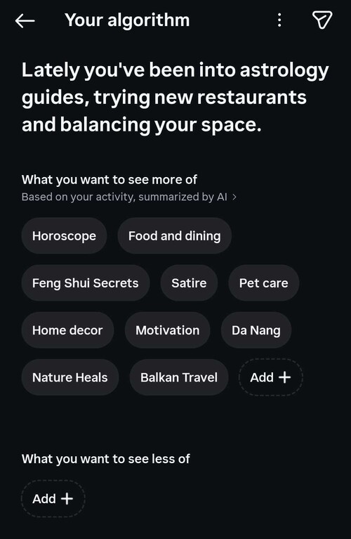 Example of "Your Algorithm" settings Instagram users can adjust
