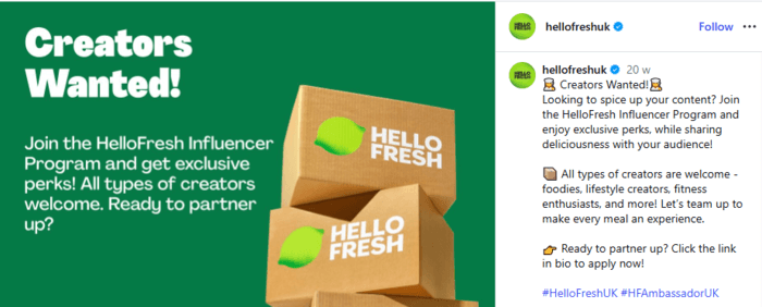 Screenshot of HelloFresh instagram post inviting influencers to collaborate