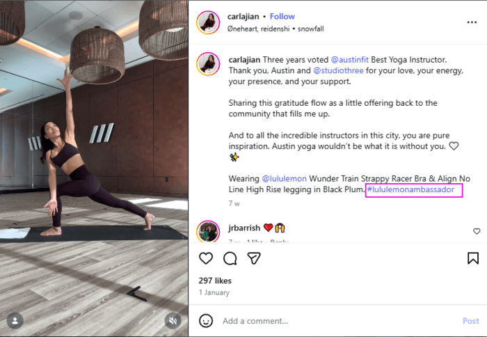 Example of a Lululemon partnership with a nanoinfluencer on Instagram