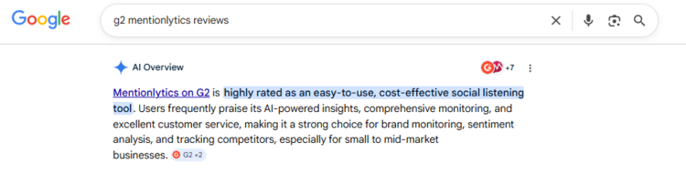 Screenshot of a Google AI overview mentioning Mentionlytics G2 rating