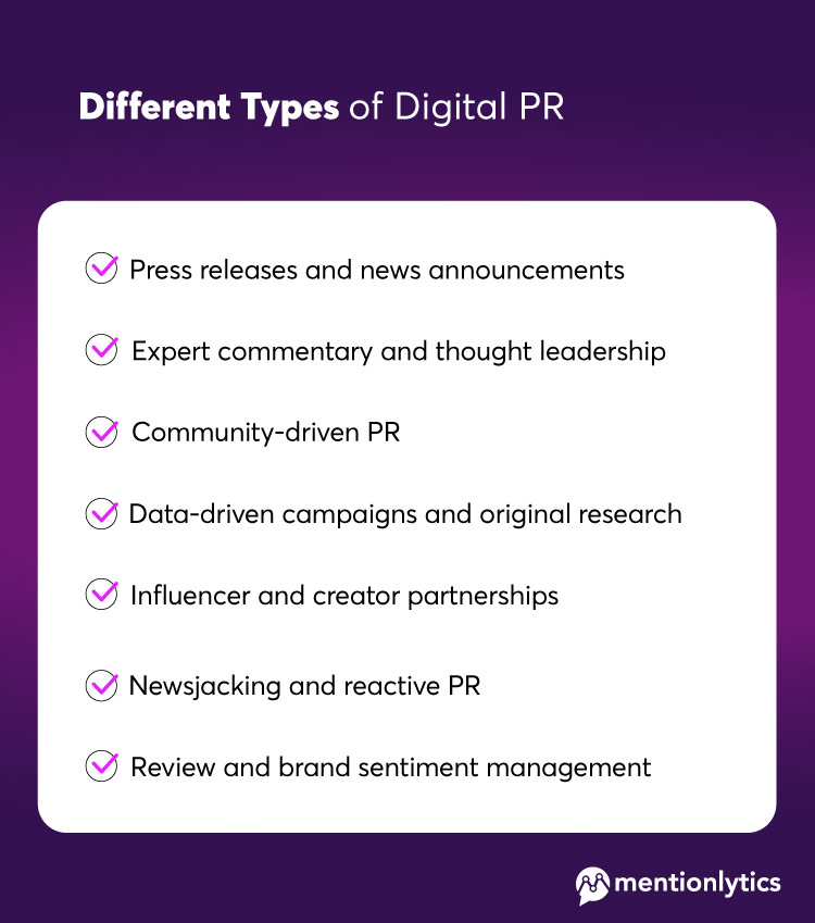 Infographic about the different Types of Digital PR