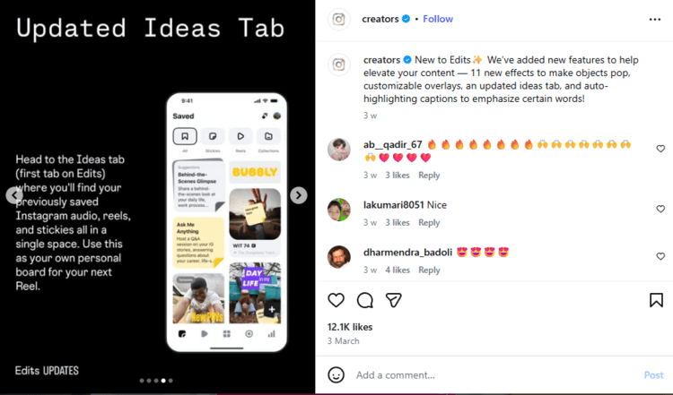 Screenshot of Edits March 2026 updates carousel