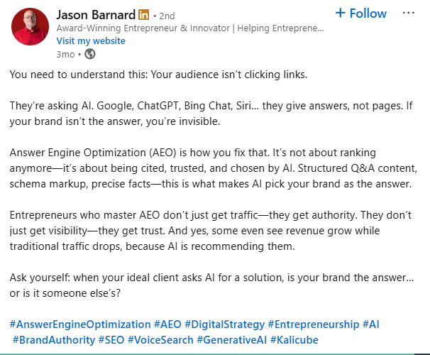 Screenshot of a LinkedIn post by Jason Barnard on AEO