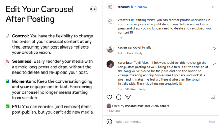 Screenshot of new Instagram feature announcement: Reorder carousel 