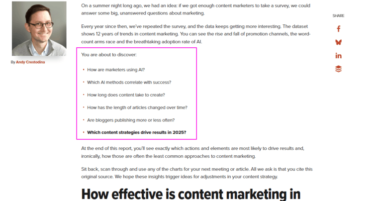 Screenshot of a summary in the beginning of articles in Andy Crestodina's blog