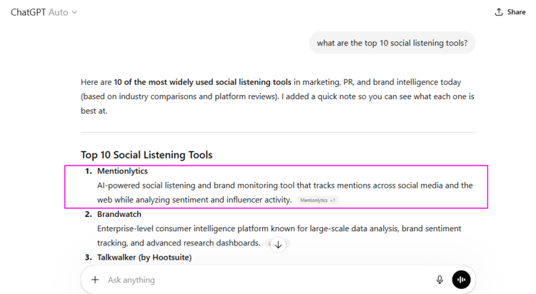 Screenshot of ChatGPT's answer about top social listening tools mentioning Mentionlytics