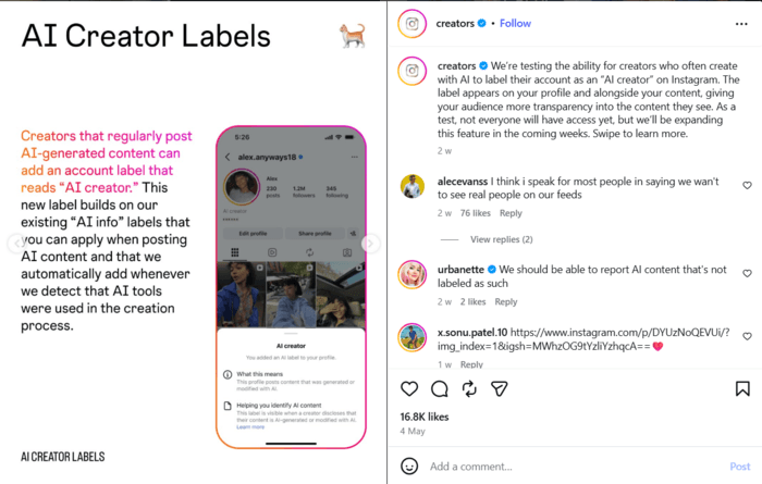 Screenshot of the new AI creators labels required by Instagram 