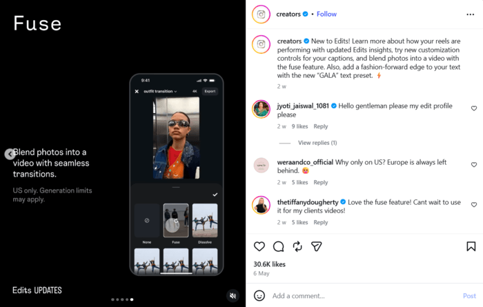 Screenshot of Edits Instagram updates May 2026 