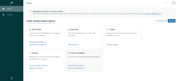 Screenshot of the Zendesk dashboard from our tests