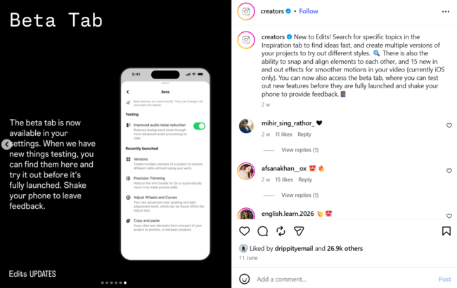 Beta tabs on Instagram