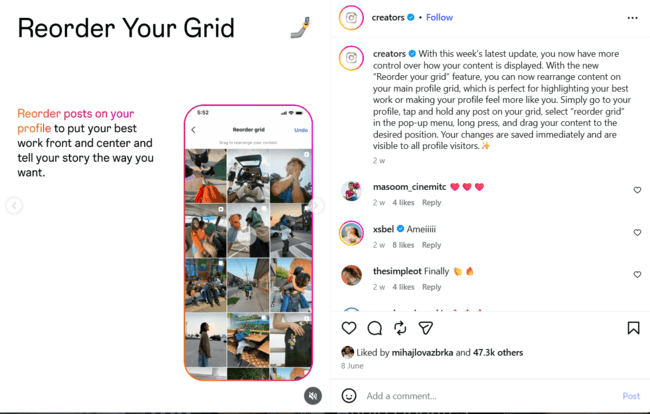 Grid rearrange Instagram new feature