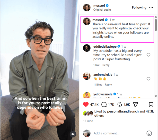Screenshot of Adam Moserri's post saying there are no universal best times to post on Instagram
