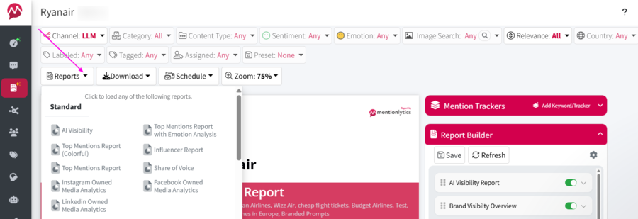 AI visibility report in dropdown options in Mentionlytics Reports