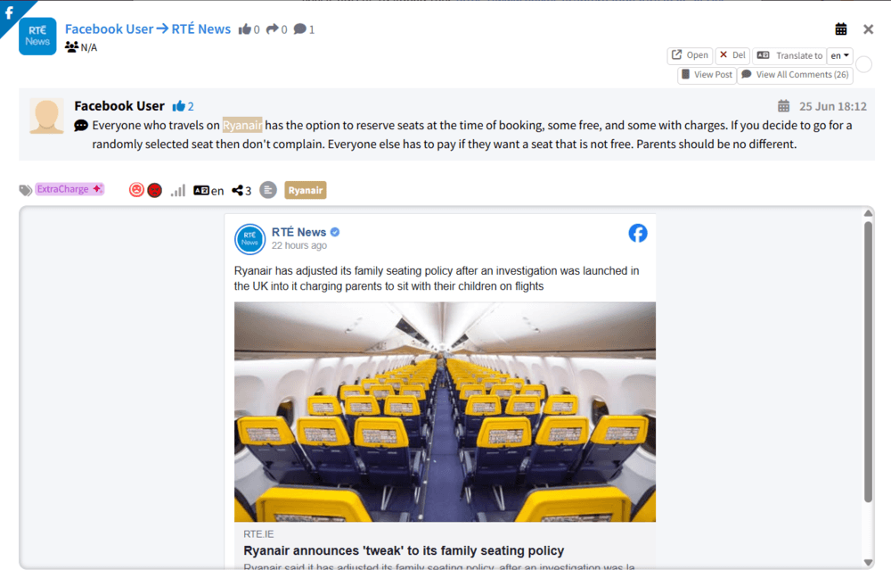 Screenshot of an angry mention of Ryanair detected on Facebook by Mentionlytics