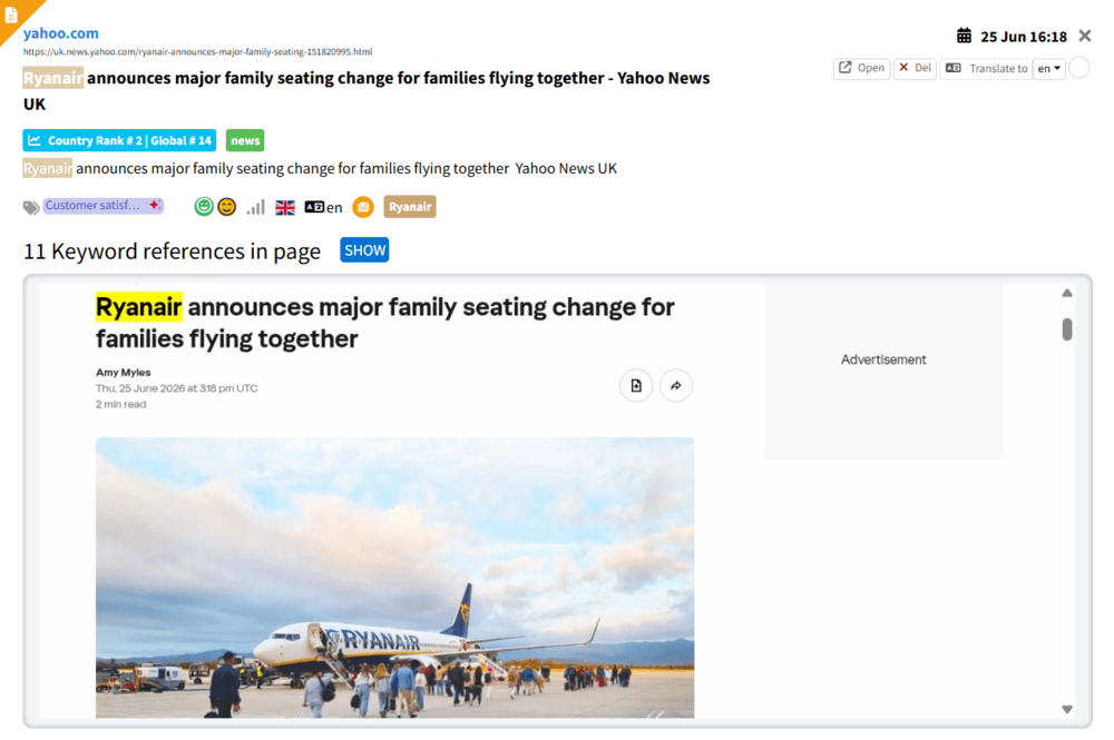 Screenshot of a polarity sentiment example detected by Mentionlytics for Ryanair