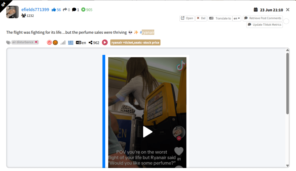 Example of Sarcasm detected in TikTok mention of Ryanair