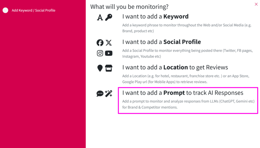 screenshot of the AI visibility tracker setup in Mentionlytics