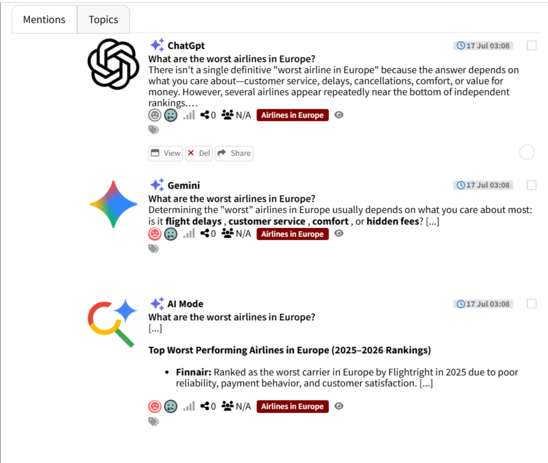 example of viewing source per AI model in Mentionlytics