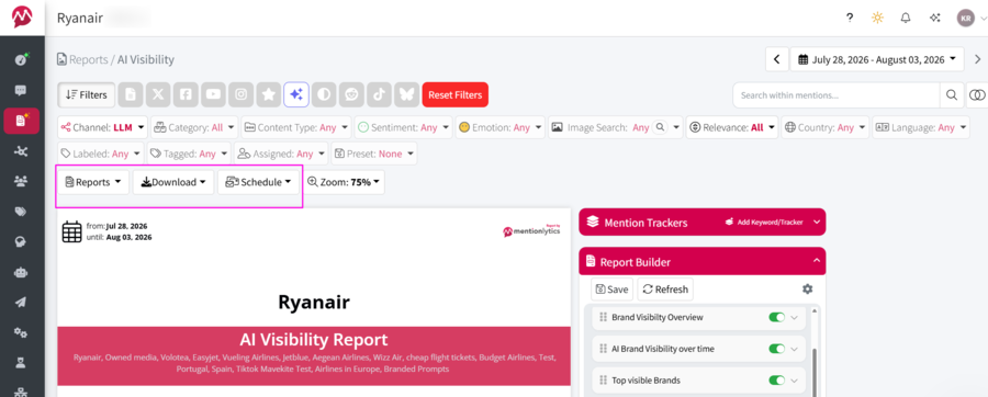 how to download or schedule visibility report in mentionlytics