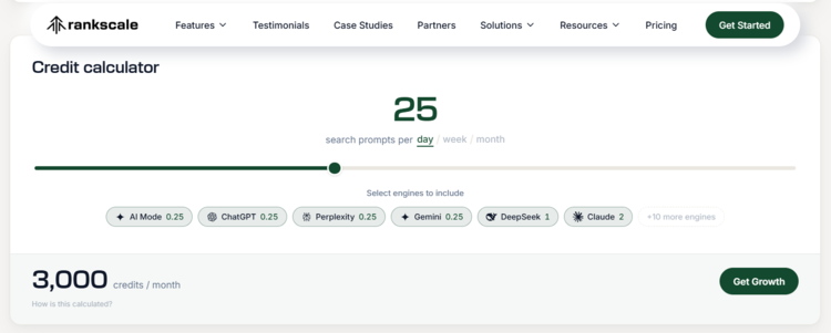 Screenshot of Rankscale credit calculator