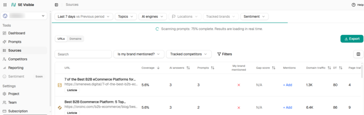 Screenshot of SE visible interface
